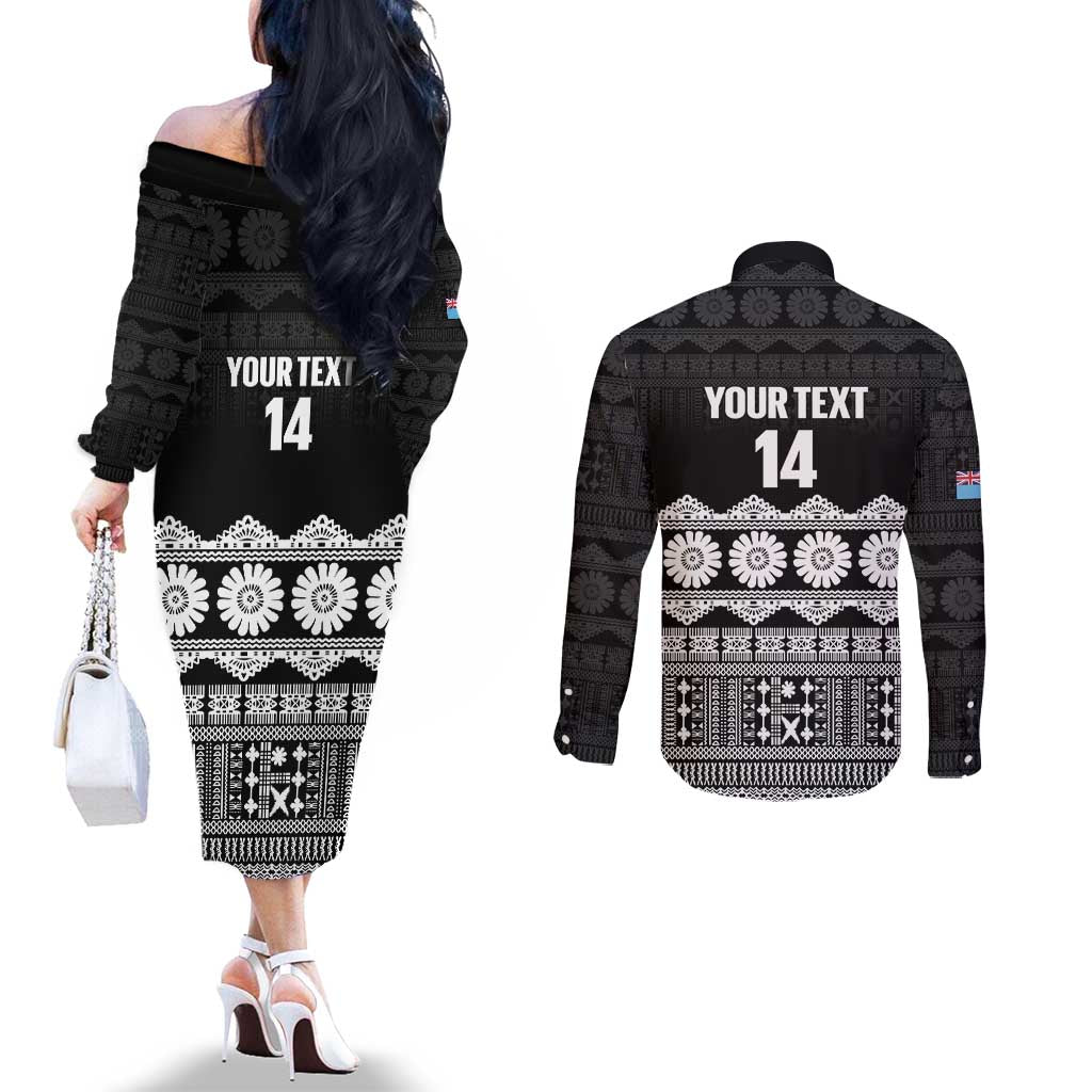 Fiji Tapa Rugby Custom Couples Matching Off The Shoulder Long Sleeve Dress and Long Sleeve Button Shirt Go Fijiana LT14 - Polynesian Pride