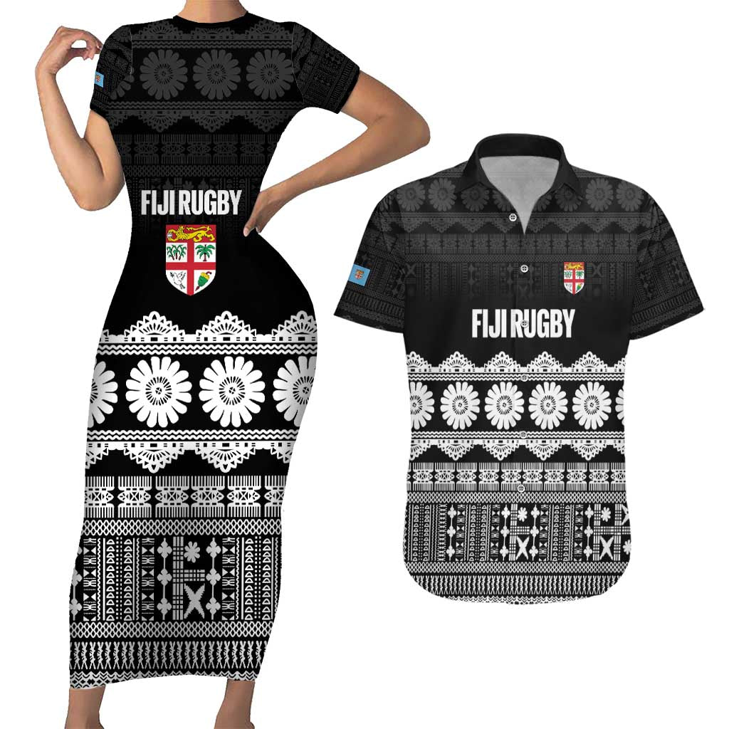 Fiji Tapa Rugby Custom Couples Matching Short Sleeve Bodycon Dress and Hawaiian Shirt Go Fijiana LT14 Black - Polynesian Pride