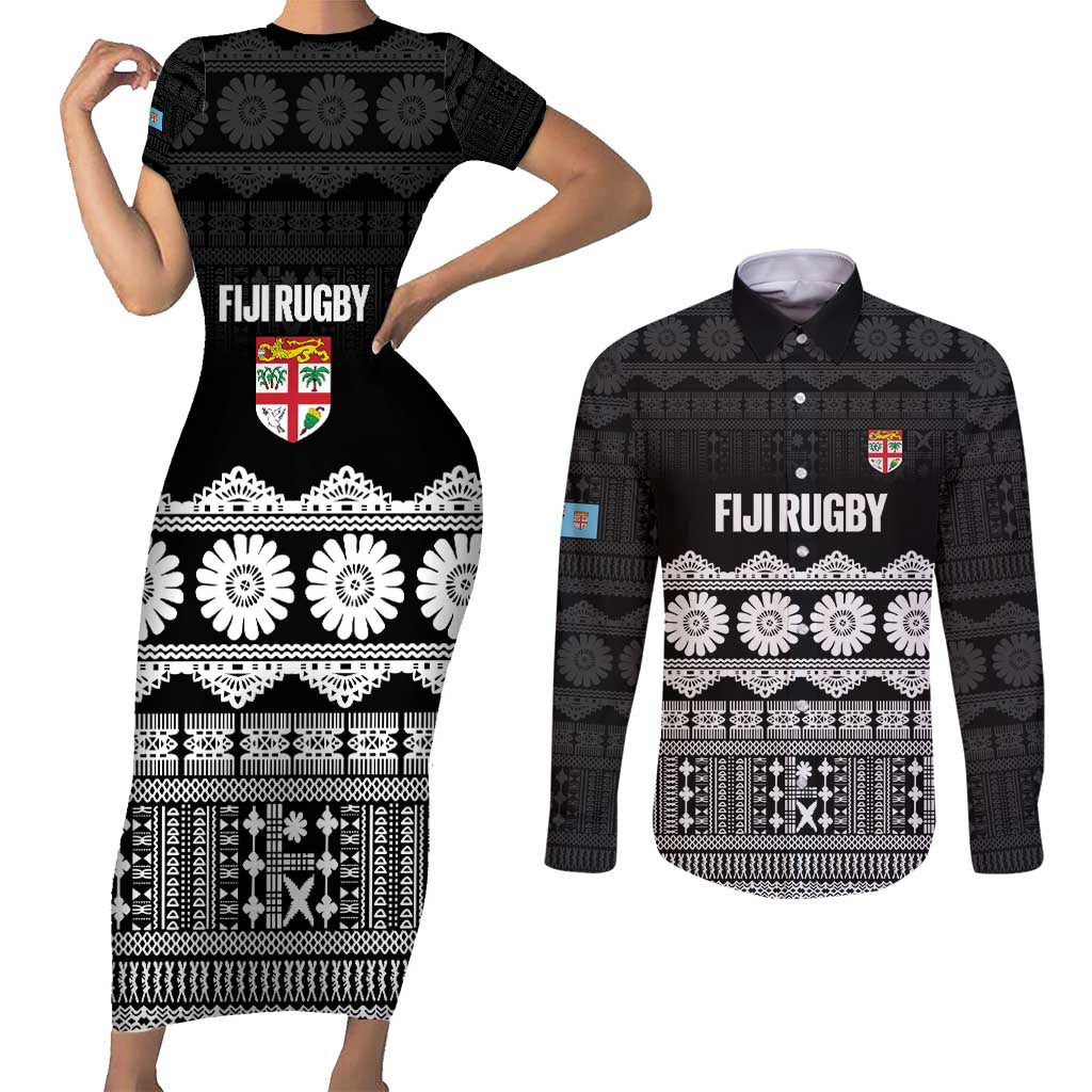 Fiji Tapa Rugby Custom Couples Matching Short Sleeve Bodycon Dress and Long Sleeve Button Shirt Go Fijiana LT14 Black - Polynesian Pride