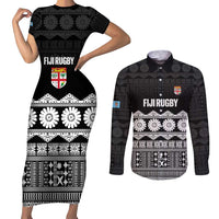 Fiji Tapa Rugby Custom Couples Matching Short Sleeve Bodycon Dress and Long Sleeve Button Shirt Go Fijiana LT14 Black - Polynesian Pride