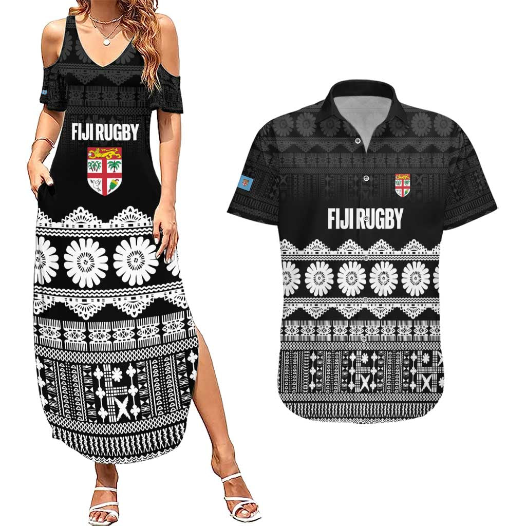 Fiji Tapa Rugby Custom Couples Matching Summer Maxi Dress and Hawaiian Shirt Go Fijiana LT14 Black - Polynesian Pride