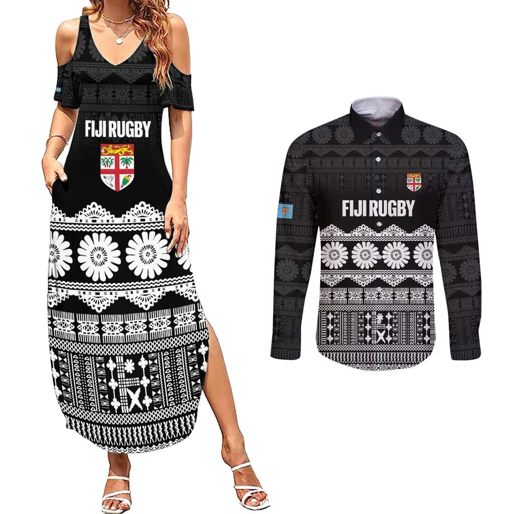 Fiji Tapa Rugby Custom Couples Matching Summer Maxi Dress and Long Sleeve Button Shirt Go Fijiana LT14 Black - Polynesian Pride