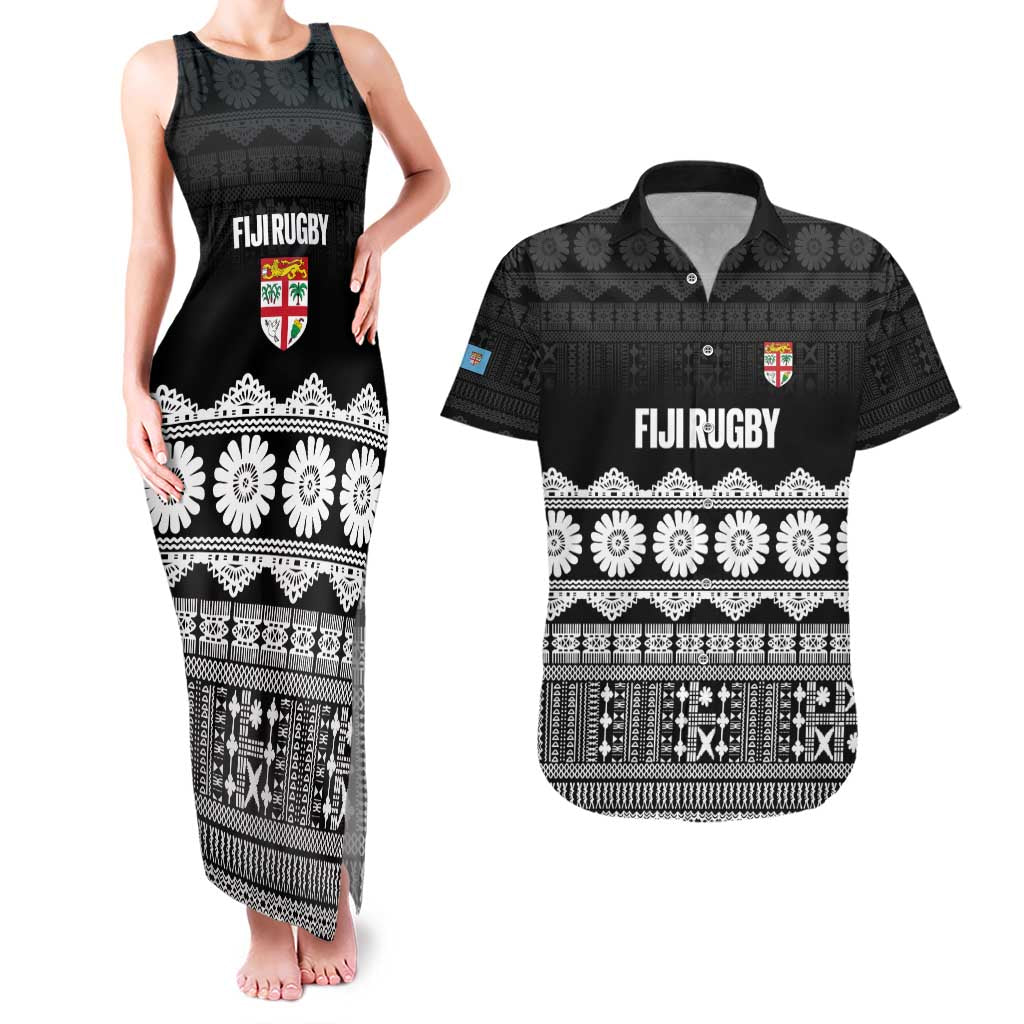 Fiji Tapa Rugby Custom Couples Matching Tank Maxi Dress and Hawaiian Shirt Go Fijiana LT14 Black - Polynesian Pride