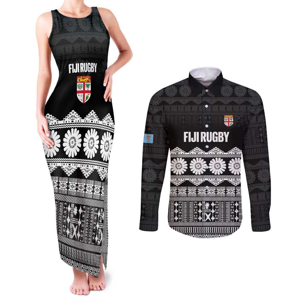 Fiji Tapa Rugby Custom Couples Matching Tank Maxi Dress and Long Sleeve Button Shirt Go Fijiana LT14 Black - Polynesian Pride