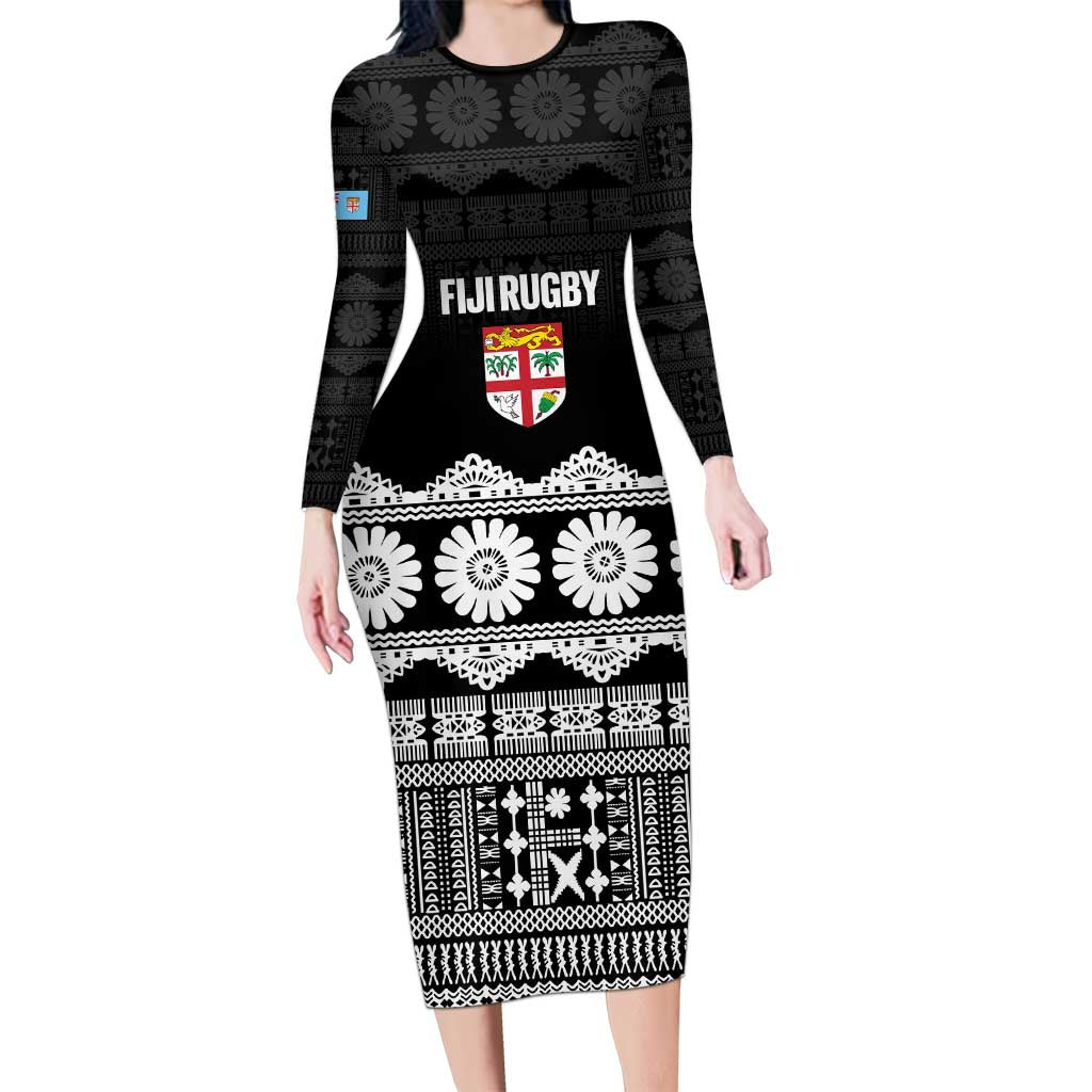 Fiji Tapa Rugby Custom Family Matching Long Sleeve Bodycon Dress and Hawaiian Shirt Go Fijiana LT14 Mom's Dress Black - Polynesian Pride