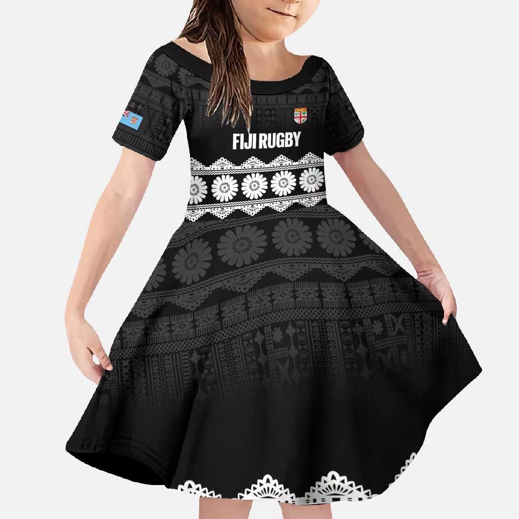 Fiji Tapa Rugby Custom Family Matching Mermaid Dress and Hawaiian Shirt Go Fijiana LT14 Daughter's Dress Black - Polynesian Pride