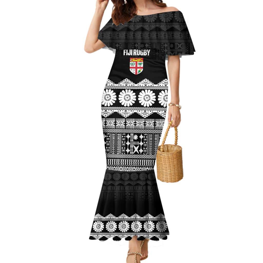 Fiji Tapa Rugby Custom Family Matching Mermaid Dress and Hawaiian Shirt Go Fijiana LT14 Mom's Dress Black - Polynesian Pride