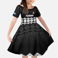 Fiji Tapa Rugby Custom Family Matching Off The Shoulder Long Sleeve Dress and Hawaiian Shirt Go Fijiana LT14 Daughter's Dress Black - Polynesian Pride