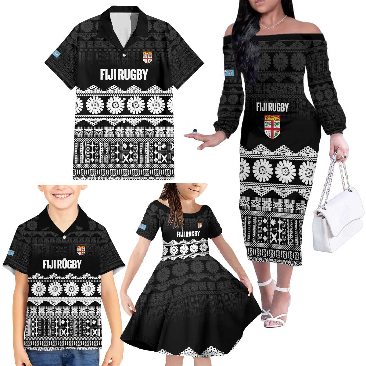 Fiji Tapa Rugby Custom Family Matching Off The Shoulder Long Sleeve Dress and Hawaiian Shirt Go Fijiana LT14 - Polynesian Pride