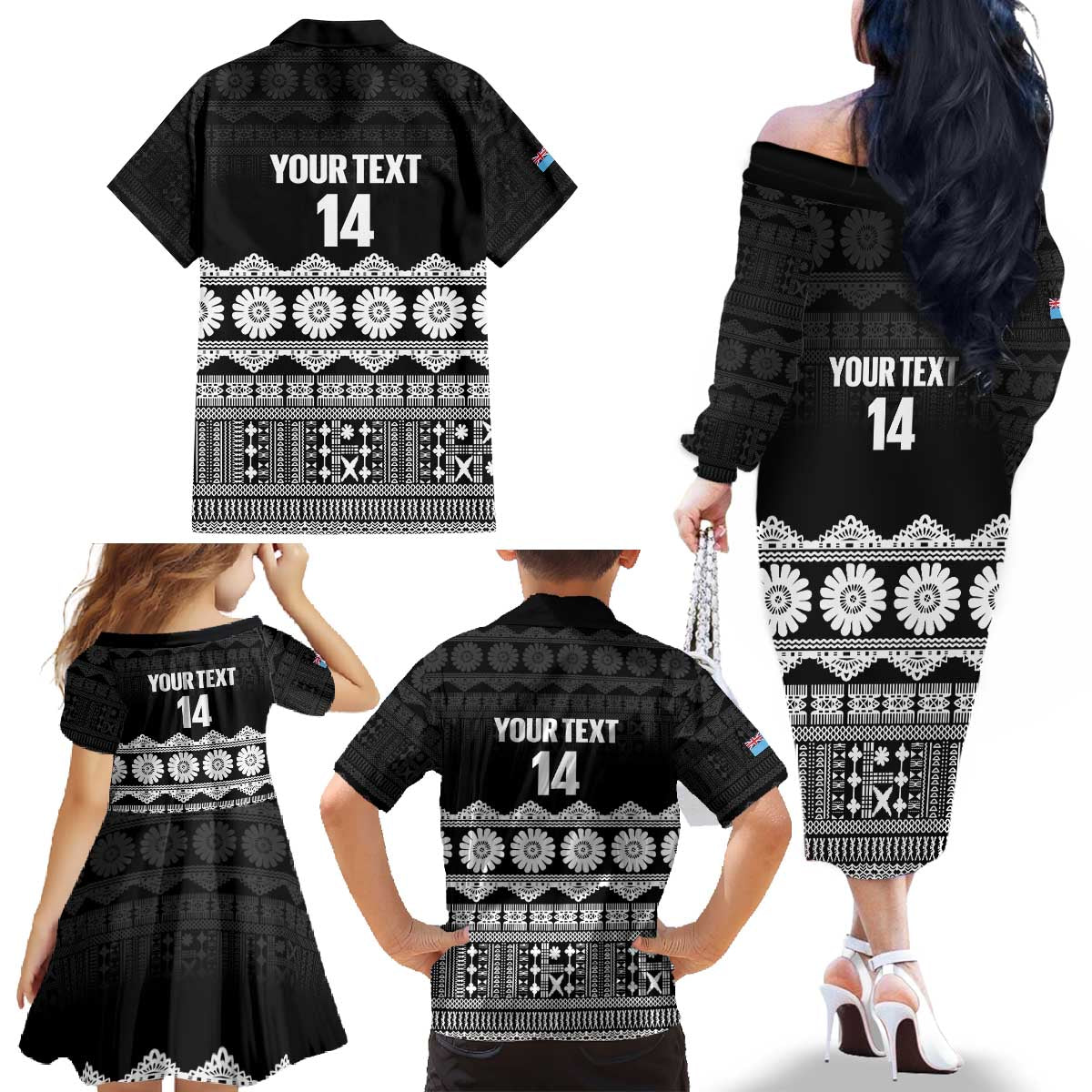 Fiji Tapa Rugby Custom Family Matching Off The Shoulder Long Sleeve Dress and Hawaiian Shirt Go Fijiana LT14 - Polynesian Pride