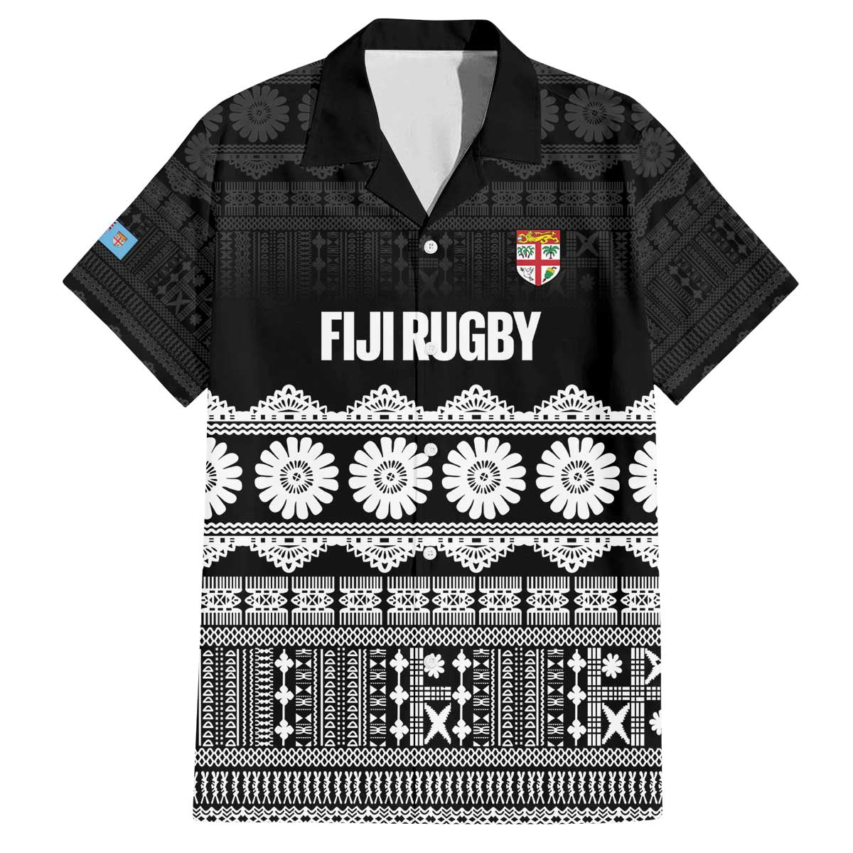 Fiji Tapa Rugby Custom Family Matching Off The Shoulder Long Sleeve Dress and Hawaiian Shirt Go Fijiana LT14 Dad's Shirt - Short Sleeve Black - Polynesian Pride
