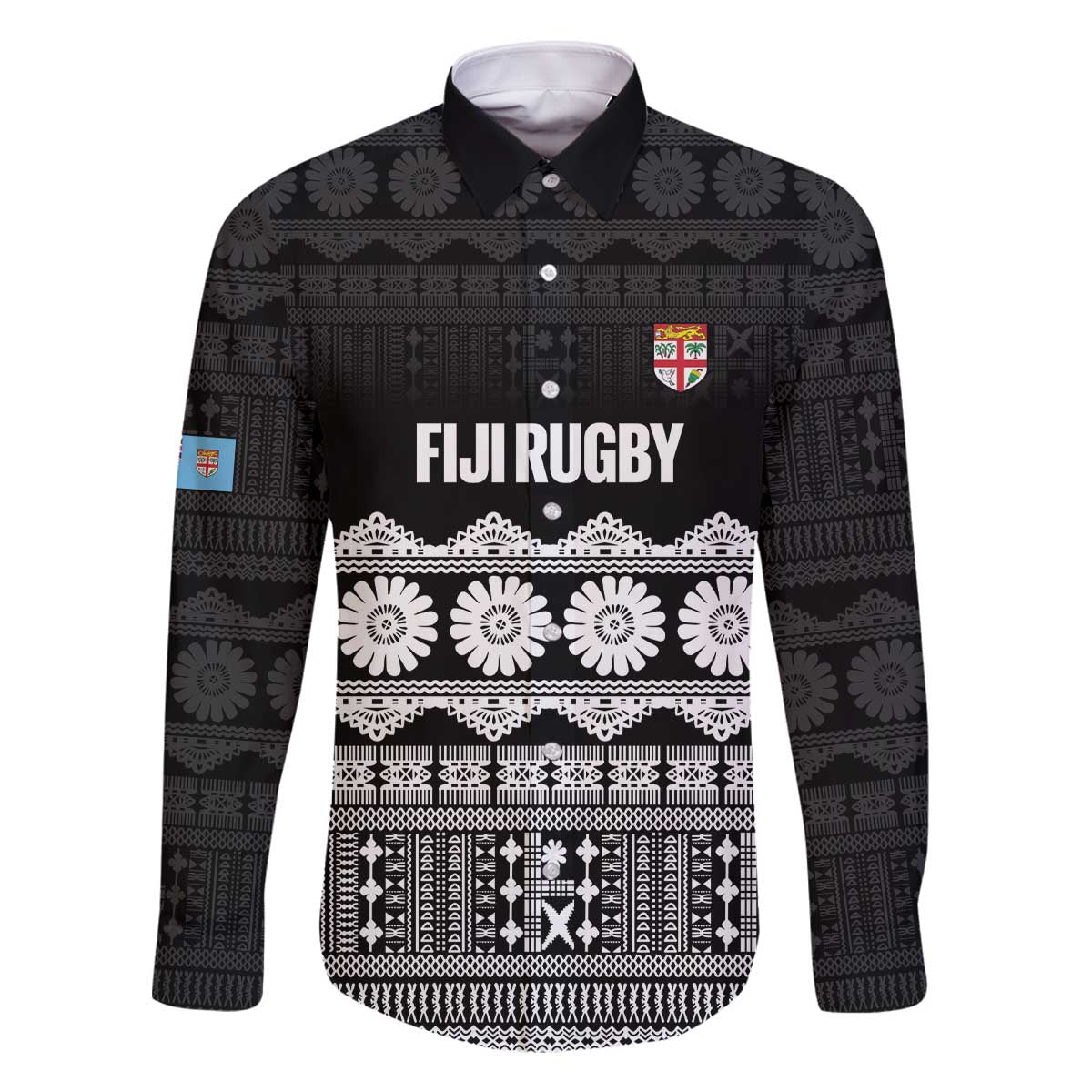 Fiji Tapa Rugby Custom Family Matching Off The Shoulder Long Sleeve Dress and Hawaiian Shirt Go Fijiana LT14 Dad's Shirt - Long Sleeve Black - Polynesian Pride