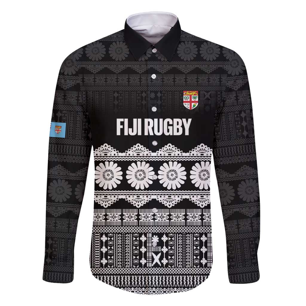 Fiji Tapa Rugby Custom Family Matching Off Shoulder Maxi Dress and Hawaiian Shirt Go Fijiana LT14 Dad's Shirt - Long Sleeve Black - Polynesian Pride