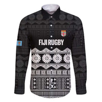 Fiji Tapa Rugby Custom Family Matching Off Shoulder Maxi Dress and Hawaiian Shirt Go Fijiana LT14 Dad's Shirt - Long Sleeve Black - Polynesian Pride