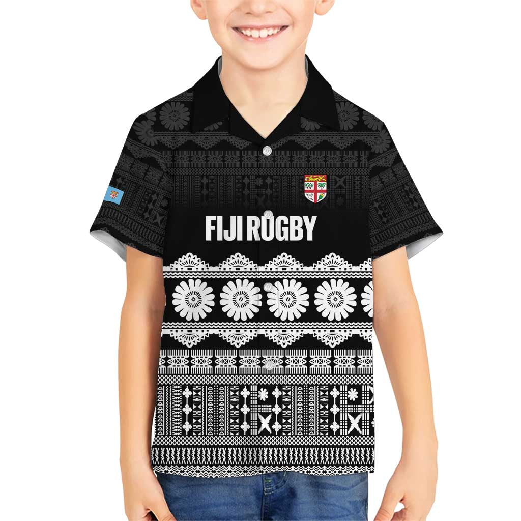 Fiji Tapa Rugby Custom Family Matching Off Shoulder Short Dress and Hawaiian Shirt Go Fijiana LT14 Son's Shirt Black - Polynesian Pride