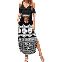 Fiji Tapa Rugby Custom Family Matching Summer Maxi Dress and Hawaiian Shirt Go Fijiana LT14 Mom's Dress Black - Polynesian Pride