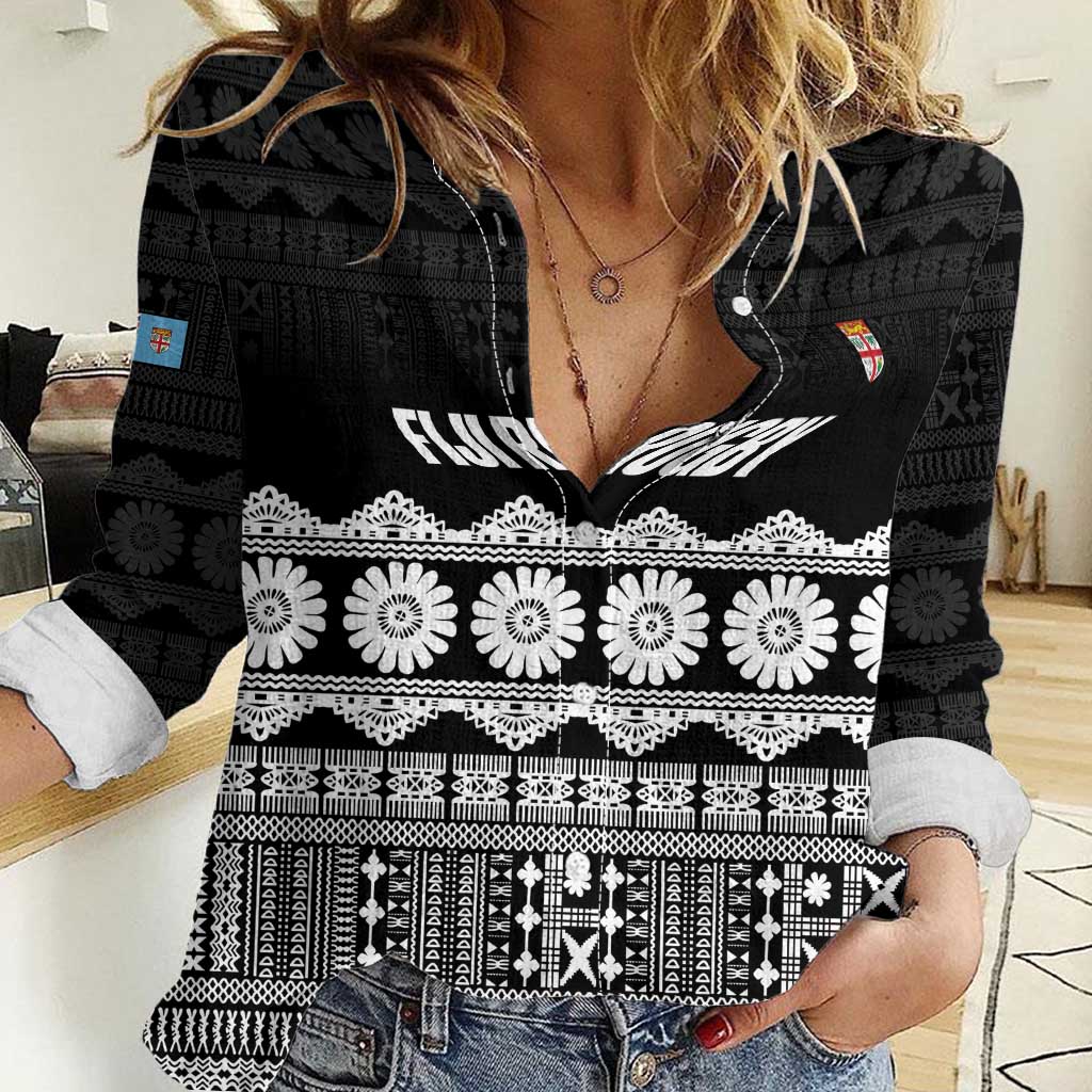 Fiji Tapa Rugby Custom Women Casual Shirt Go Fijiana LT14 Female Black - Polynesian Pride