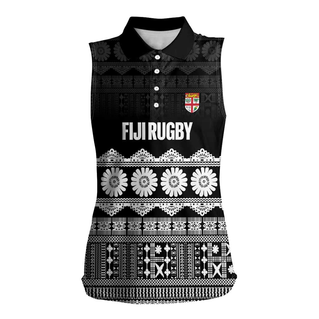 Fiji Tapa Rugby Custom Women Sleeveless Polo Shirt Go Fijiana LT14 Female Black - Polynesian Pride
