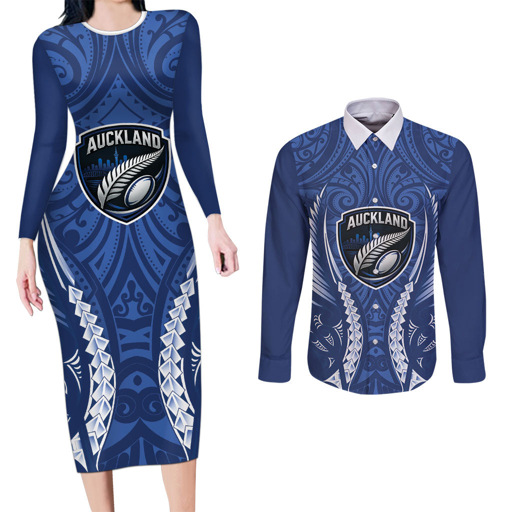 Auckland 2026 Rugby Custom Couples Matching Long Sleeve Bodycon Dress and Long Sleeve Button Shirt NZ Maori Silver Fern LT14 Blue - Polynesian Pride