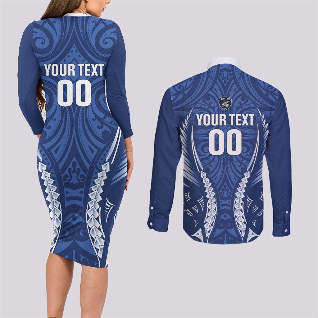 Auckland 2026 Rugby Custom Couples Matching Long Sleeve Bodycon Dress and Long Sleeve Button Shirt NZ Maori Silver Fern LT14 - Polynesian Pride