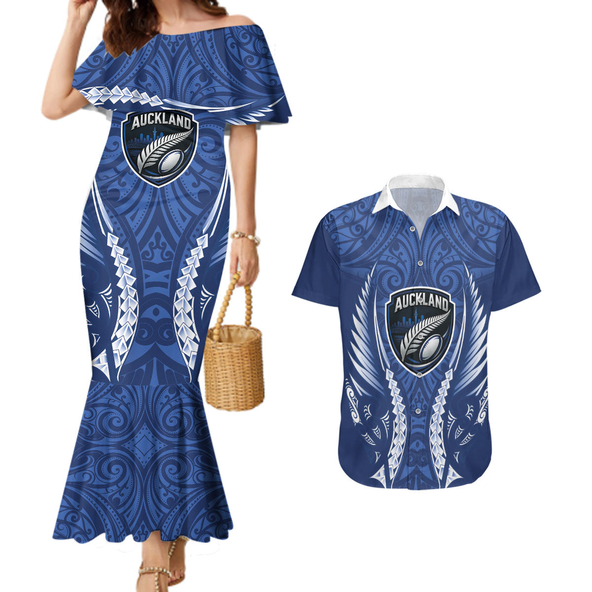 Auckland 2026 Rugby Custom Couples Matching Mermaid Dress and Hawaiian Shirt NZ Maori Silver Fern LT14 Blue - Polynesian Pride