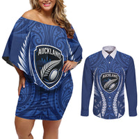 Auckland 2026 Rugby Custom Couples Matching Off Shoulder Short Dress and Long Sleeve Button Shirt NZ Maori Silver Fern LT14 Blue - Polynesian Pride