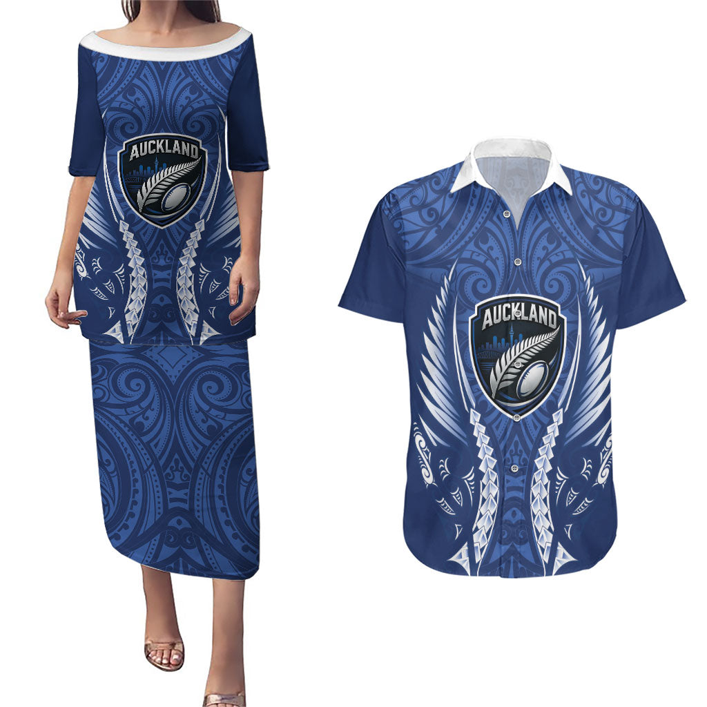 Auckland 2026 Rugby Custom Couples Matching Puletasi and Hawaiian Shirt NZ Maori Silver Fern LT14 Blue - Polynesian Pride