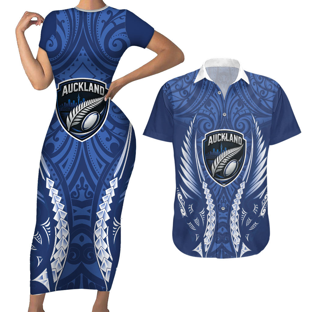 Auckland 2026 Rugby Custom Couples Matching Short Sleeve Bodycon Dress and Hawaiian Shirt NZ Maori Silver Fern LT14 Blue - Polynesian Pride