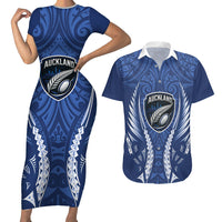 Auckland 2026 Rugby Custom Couples Matching Short Sleeve Bodycon Dress and Hawaiian Shirt NZ Maori Silver Fern LT14 Blue - Polynesian Pride