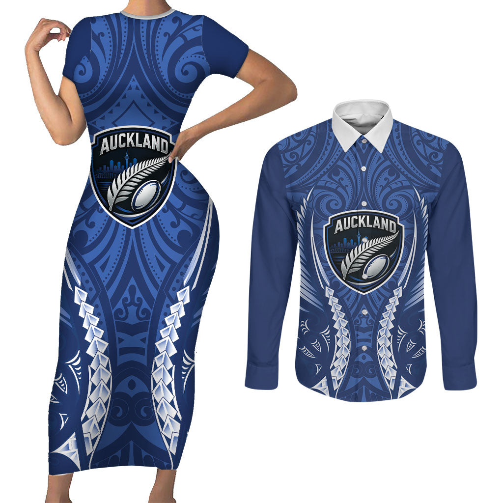 Auckland 2026 Rugby Custom Couples Matching Short Sleeve Bodycon Dress and Long Sleeve Button Shirt NZ Maori Silver Fern LT14 Blue - Polynesian Pride