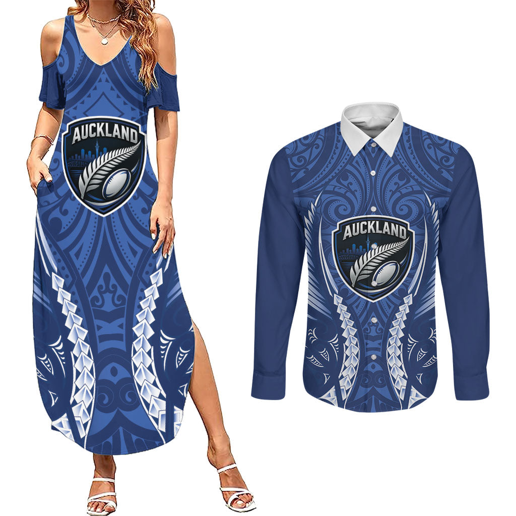 Auckland 2026 Rugby Custom Couples Matching Summer Maxi Dress and Long Sleeve Button Shirt NZ Maori Silver Fern LT14 Blue - Polynesian Pride