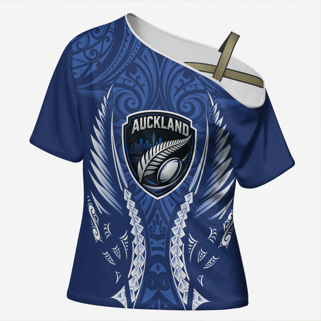 Auckland 2026 Rugby Custom Cross Shoulder Shirt NZ Maori Silver Fern LT14 Female Blue - Polynesian Pride