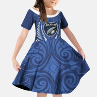 Auckland 2026 Rugby Custom Family Matching Off Shoulder Maxi Dress and Hawaiian Shirt NZ Maori Silver Fern LT14 Daughter's Dress Blue - Polynesian Pride