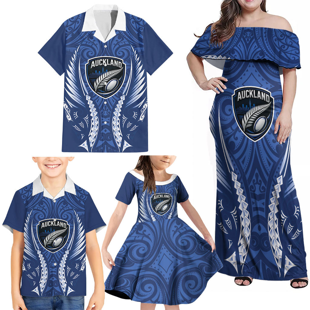 Auckland 2026 Rugby Custom Family Matching Off Shoulder Maxi Dress and Hawaiian Shirt NZ Maori Silver Fern LT14 - Polynesian Pride