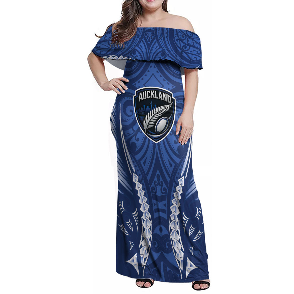 Auckland 2026 Rugby Custom Family Matching Off Shoulder Maxi Dress and Hawaiian Shirt NZ Maori Silver Fern LT14 Mom's Dress Blue - Polynesian Pride
