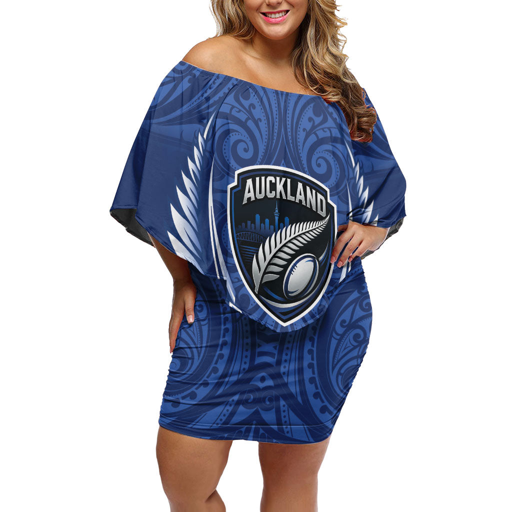 Auckland 2026 Rugby Custom Family Matching Off Shoulder Short Dress and Hawaiian Shirt NZ Maori Silver Fern LT14 Mom's Dress Blue - Polynesian Pride