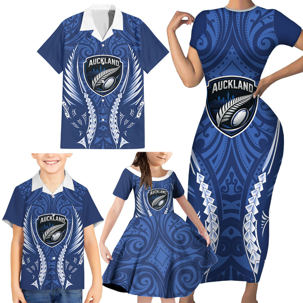 Auckland 2026 Rugby Custom Family Matching Short Sleeve Bodycon Dress and Hawaiian Shirt NZ Maori Silver Fern LT14 - Polynesian Pride
