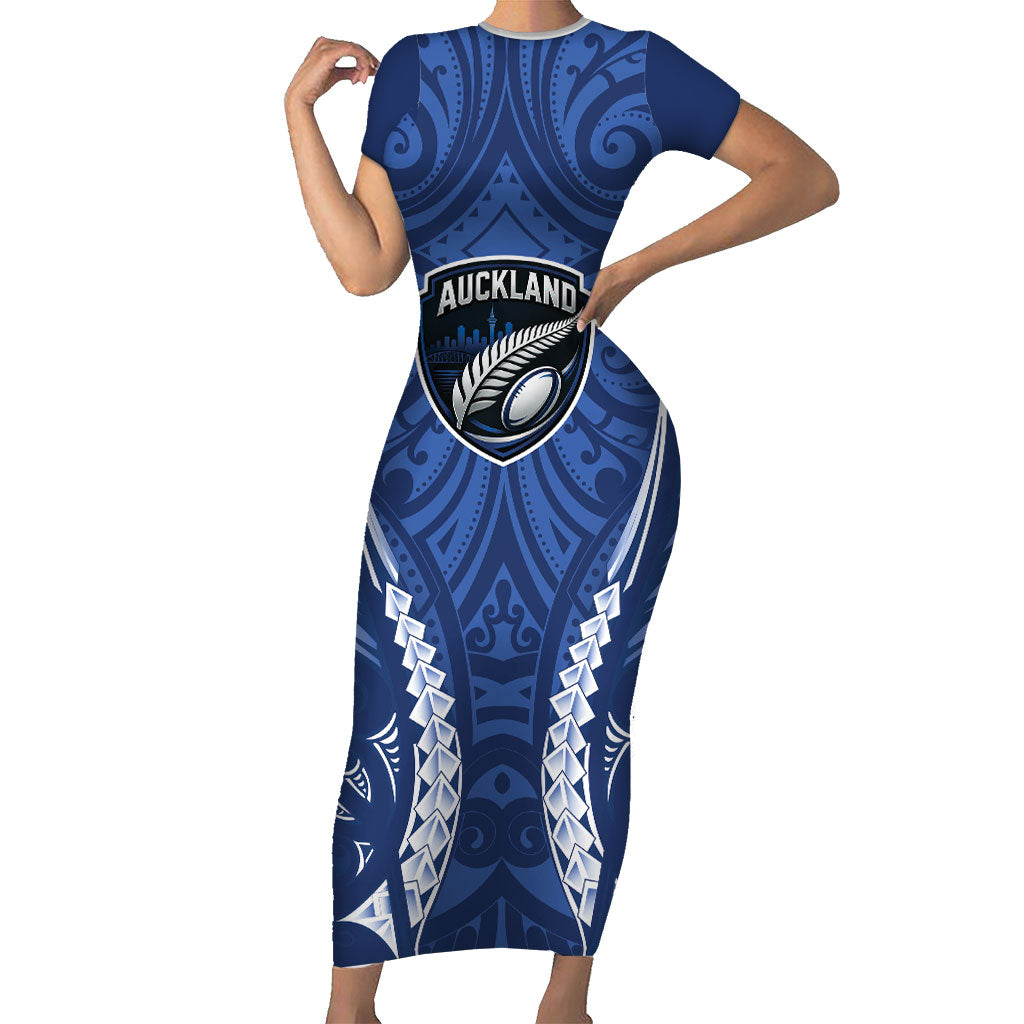 Auckland 2026 Rugby Custom Short Sleeve Bodycon Dress NZ Maori Silver Fern LT14 Long Dress Blue - Polynesian Pride