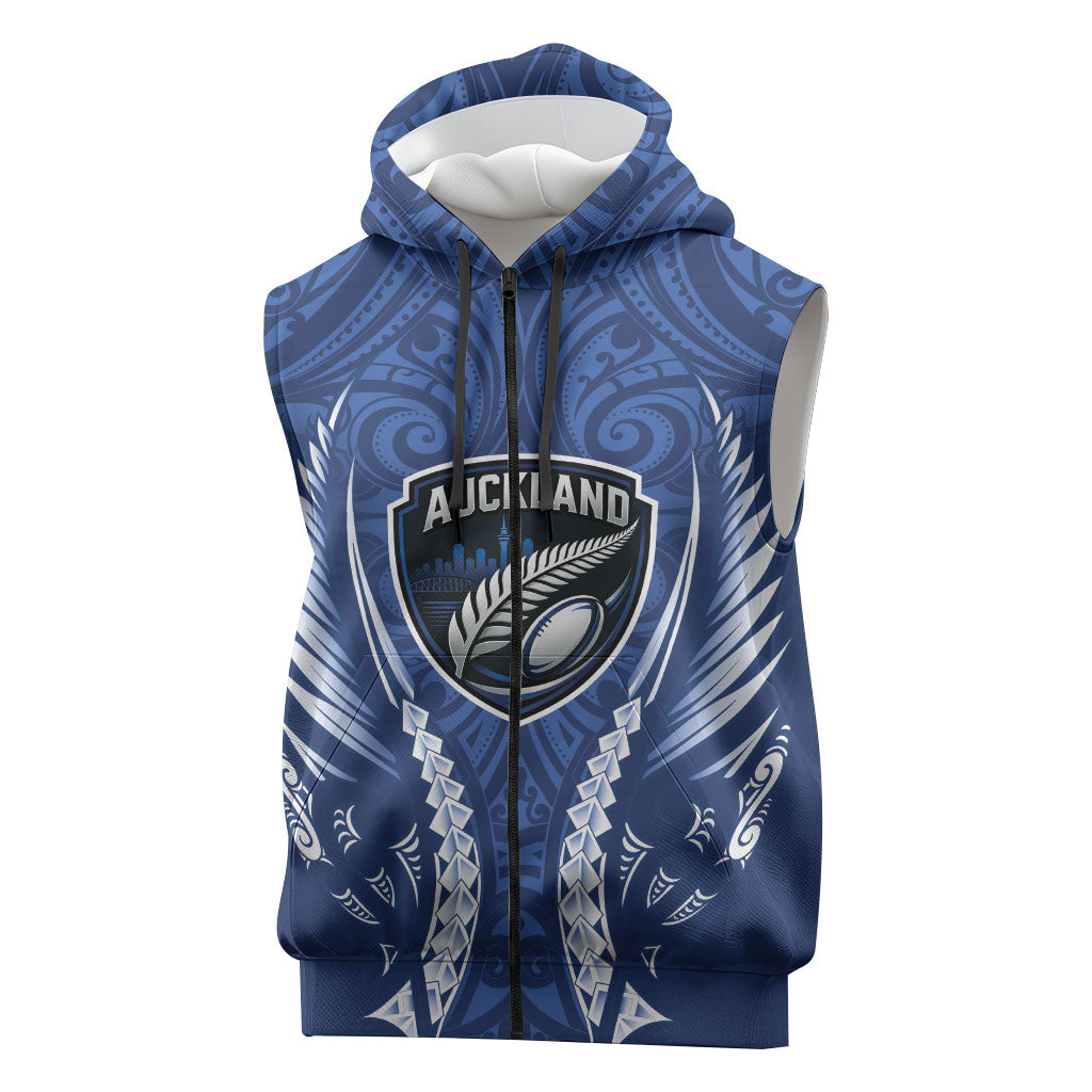Auckland 2026 Rugby Custom Sleeveless Zip Hoodie NZ Maori Silver Fern LT14 Blue - Polynesian Pride
