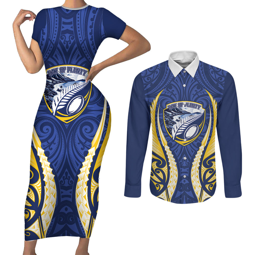 Bay of Plenty 2026 Rugby Custom Couples Matching Short Sleeve Bodycon Dress and Long Sleeve Button Shirt NZ Maori Silver Fern LT14 Blue - Polynesian Pride