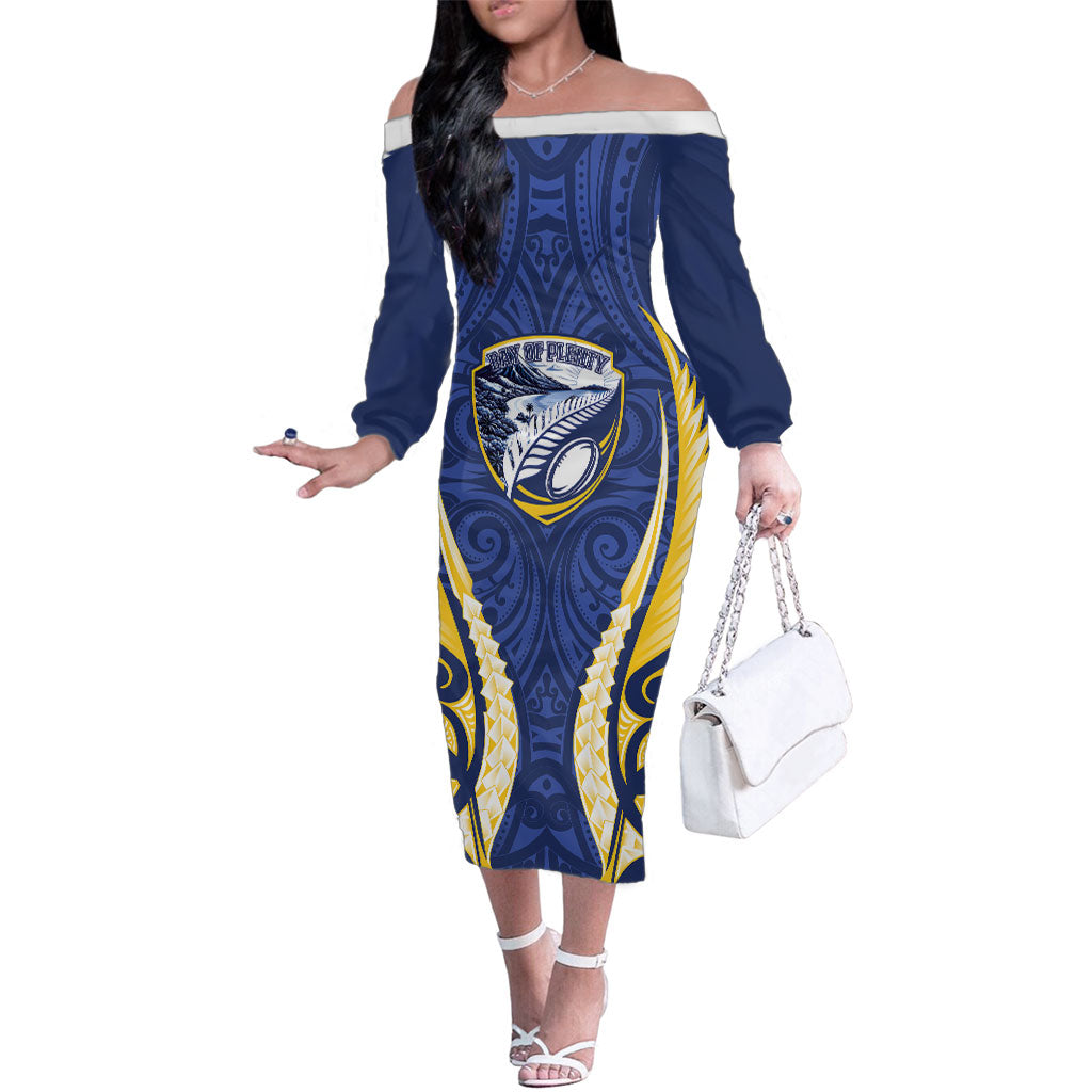 Bay of Plenty 2026 Rugby Custom Family Matching Off The Shoulder Long Sleeve Dress and Hawaiian Shirt NZ Maori Silver Fern LT14 Mom's Dress Blue - Polynesian Pride