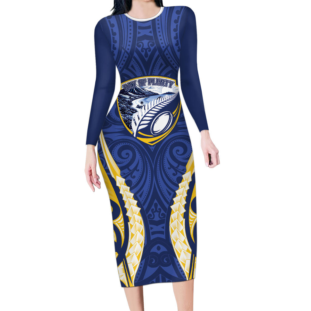 Bay of Plenty 2026 Rugby Custom Long Sleeve Bodycon Dress NZ Maori Silver Fern LT14 Long Dress Blue - Polynesian Pride
