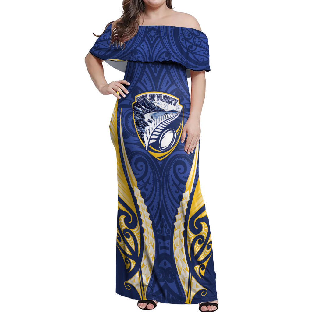 Bay of Plenty 2026 Rugby Custom Off Shoulder Maxi Dress NZ Maori Silver Fern LT14 Women Blue - Polynesian Pride