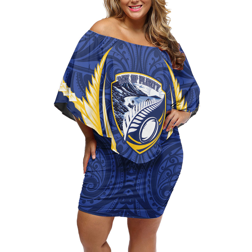 Bay of Plenty 2026 Rugby Custom Off Shoulder Short Dress NZ Maori Silver Fern LT14 Women Blue - Polynesian Pride