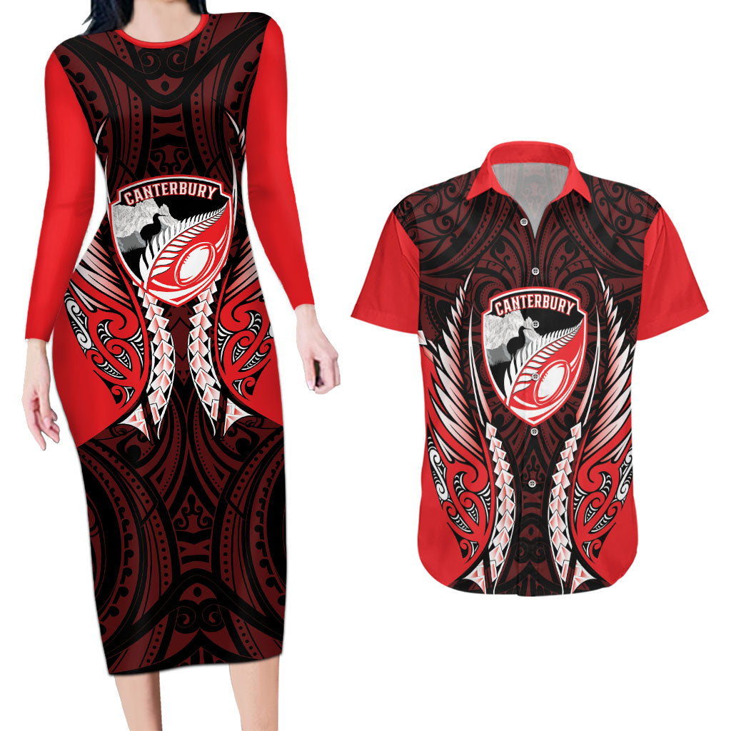 Canterbury 2026 Rugby Custom Couples Matching Long Sleeve Bodycon Dress and Hawaiian Shirt NZ Maori Silver Fern LT14 Red - Polynesian Pride