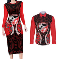 Canterbury 2026 Rugby Custom Couples Matching Long Sleeve Bodycon Dress and Long Sleeve Button Shirt NZ Maori Silver Fern LT14 Red - Polynesian Pride