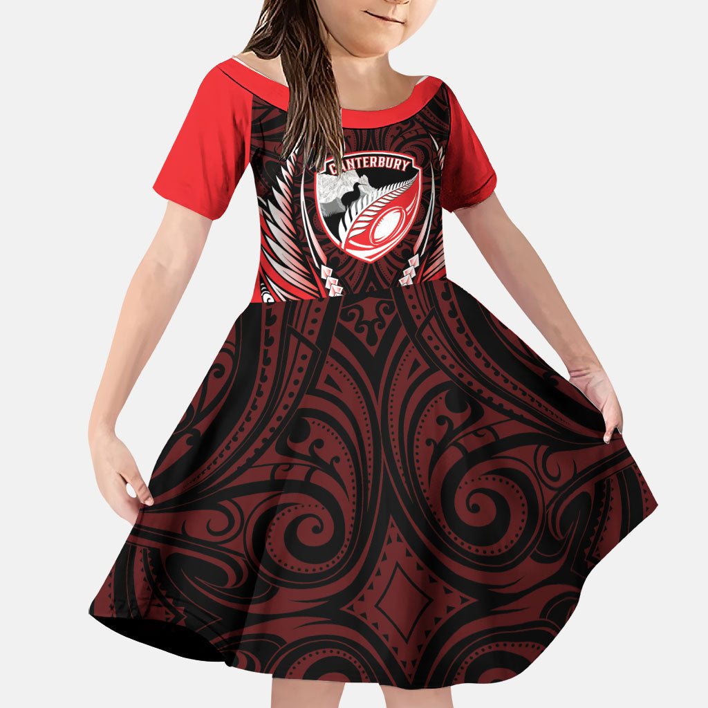 Canterbury 2026 Rugby Custom Family Matching Off Shoulder Short Dress and Hawaiian Shirt NZ Maori Silver Fern LT14 Daughter's Dress Red - Polynesian Pride