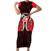 Canterbury 2026 Rugby Custom Family Matching Short Sleeve Bodycon Dress and Hawaiian Shirt NZ Maori Silver Fern LT14 Mom's Dress Red - Polynesian Pride