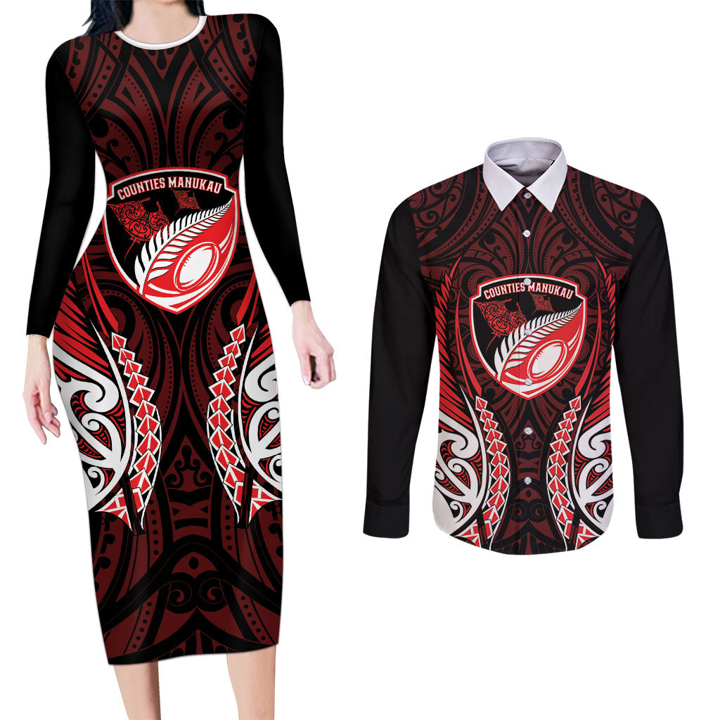 Counties Manukau 2026 Rugby Custom Couples Matching Long Sleeve Bodycon Dress and Long Sleeve Button Shirt NZ Maori Silver Fern LT14 Red - Polynesian Pride
