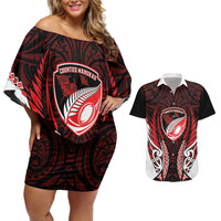 Counties Manukau 2026 Rugby Custom Couples Matching Off Shoulder Short Dress and Hawaiian Shirt NZ Maori Silver Fern LT14 Red - Polynesian Pride